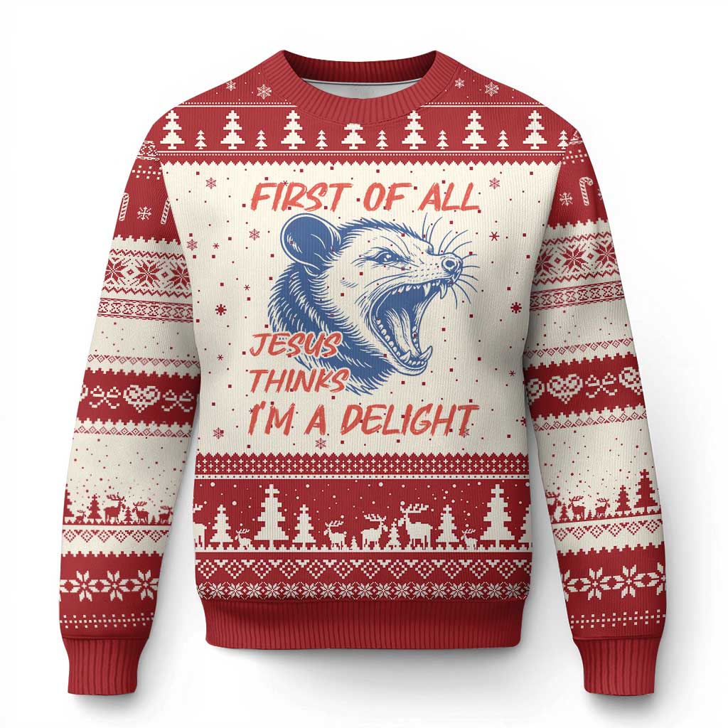 First of All Jesus Thinks I'm A Delight Ugly Christmas Sweater Funny Opossum Christian TS14 Beige Red Print Your Wear