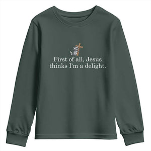 Jesus Thinks I'm A Delight Youth Sweatshirt Funny Christian Raccoon Sarcastic TS14 Dark Forest Green Print Your Wear