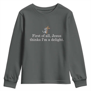 Jesus Thinks I'm A Delight Youth Sweatshirt Funny Christian Raccoon Sarcastic TS14 Dark Heather Print Your Wear
