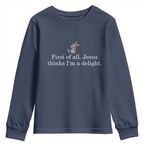 Jesus Thinks I'm A Delight Youth Sweatshirt Funny Christian Raccoon Sarcastic TS14 Navy Print Your Wear