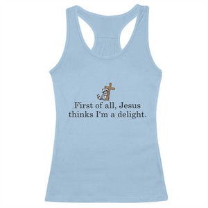 Funny Christian Raccoon Racerback Tank Top Sarcastic Jesus Thinks I'm A Delight TS14 Light Blue Print Your Wear