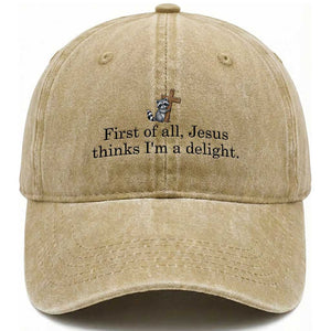 Funny Christian Raccoon Washed Cotton Baseball Cap Sarcastic Jesus Thinks I'm A Delight TS14 Print Your Wear