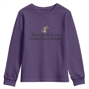 Funny Christian Raccoon Youth Sweatshirt Sarcastic Jesus Thinks I'm A Delight TS14 Purple Print Your Wear