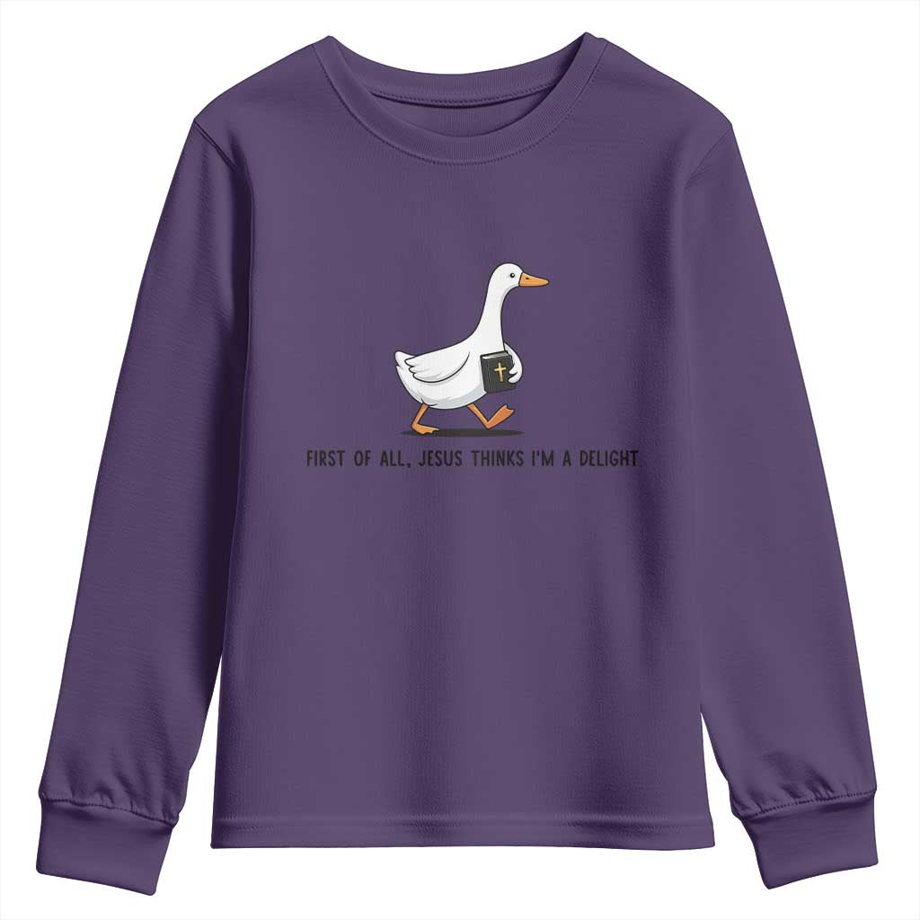 Funny Christian Goose Youth Sweatshirt Jesus Thinks I'm A Delight TS14 Purple Print Your Wear