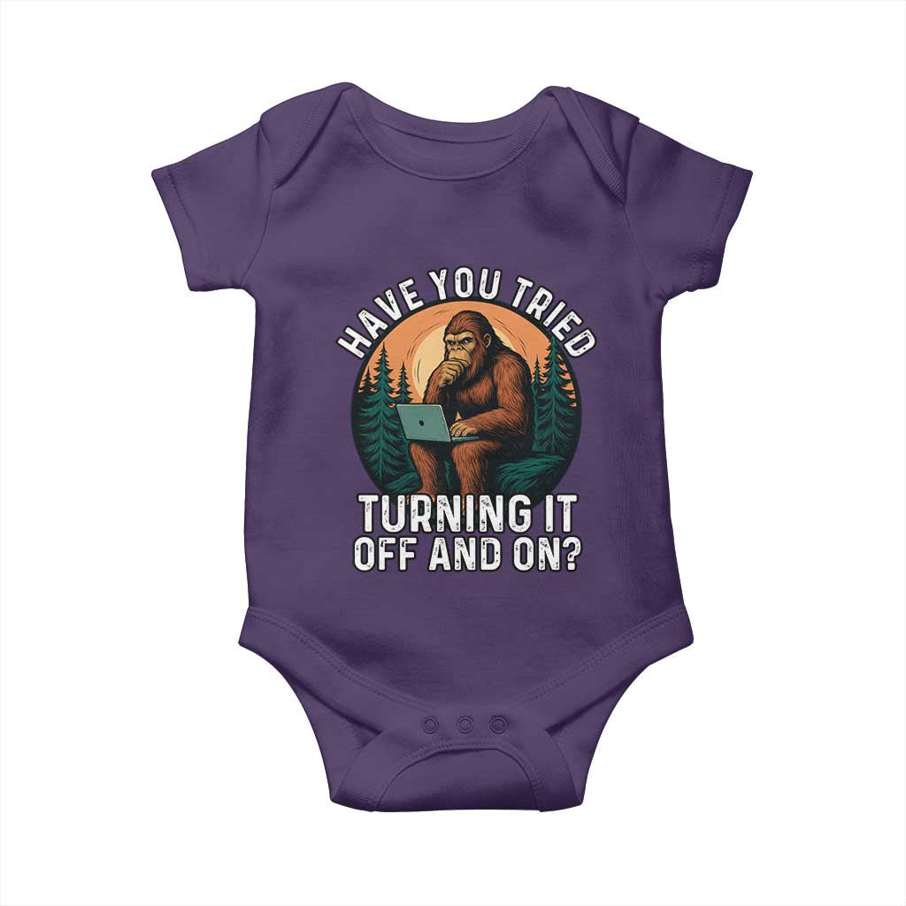 Funny Bigfoot Tech Support Baby Onesie Have You Tried Turning It Off And On Sasquatsch Computer TS14 Purple Print Your Wear