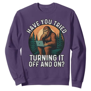 Funny Bigfoot Tech Support Sweatshirt Have You Tried Turning It Off And On Sasquatsch Computer TS14 Purple Print Your Wear