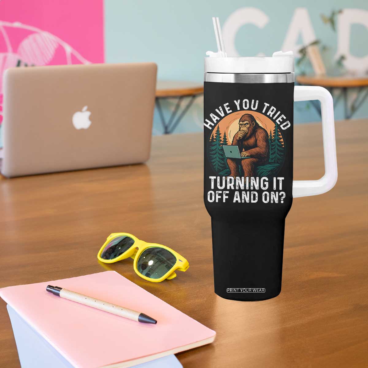Funny Bigfoot Tech Support Tumbler With Handle Have You Tried Turning It Off And On Sasquatsch Computer TS14 Print Your Wear