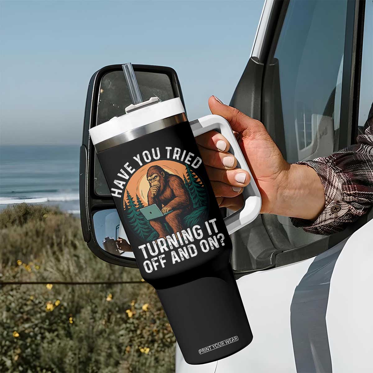 Funny Bigfoot Tech Support Tumbler With Handle Have You Tried Turning It Off And On Sasquatsch Computer TS14 Print Your Wear