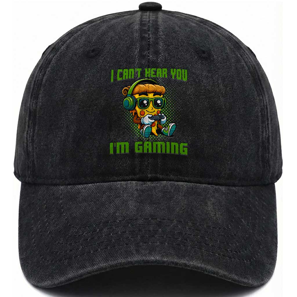Funny Pizza Video Gaming Washed Cotton Baseball Cap I Can Not Hear You I Am Gaming TS14 Washed Cap Universal Fit Black Print Your Wear