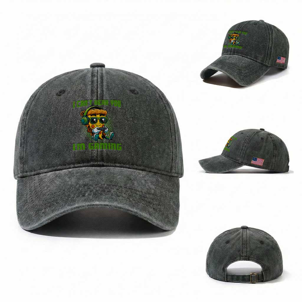 Funny Pizza Video Gaming Washed Cotton Baseball Cap I Can Not Hear You I Am Gaming TS14 Washed Cap Universal Fit Dark Green Print Your Wear
