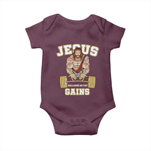 Funny Jesus Gym Baby Onesie Hallowed Be Thy Gains TS14 Maroon Print Your Wear