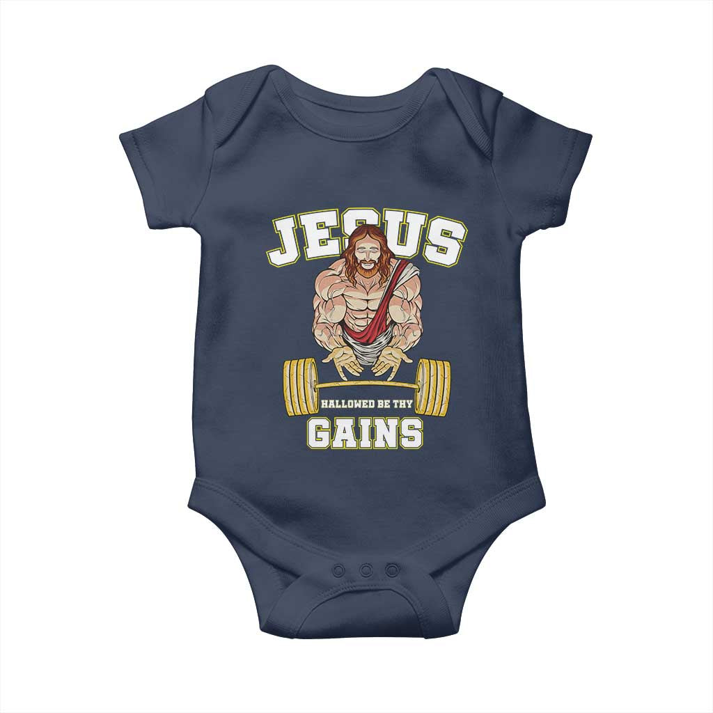 Funny Jesus Gym Baby Onesie Hallowed Be Thy Gains TS14 Navy Print Your Wear