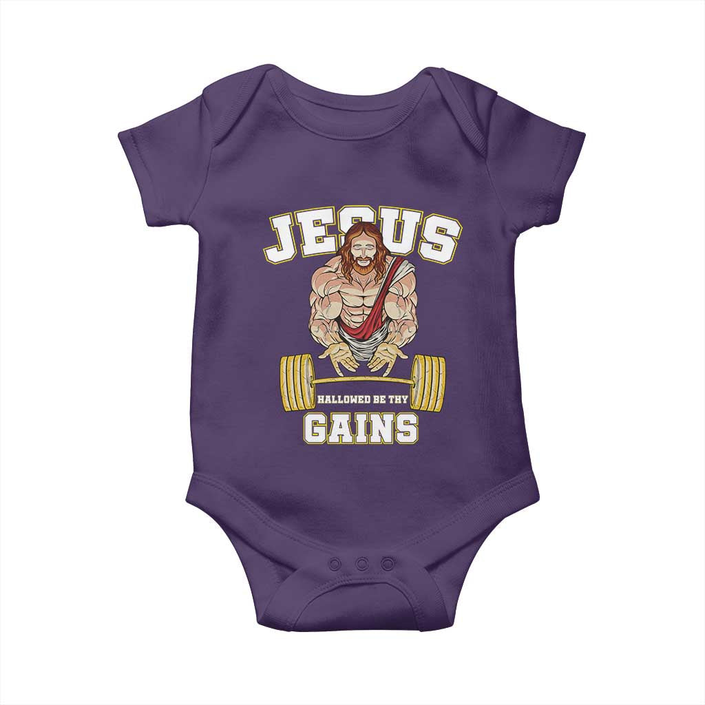 Funny Jesus Gym Baby Onesie Hallowed Be Thy Gains TS14 Purple Print Your Wear
