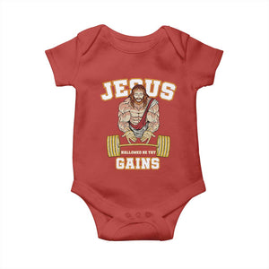Funny Jesus Gym Baby Onesie Hallowed Be Thy Gains TS14 Red Print Your Wear