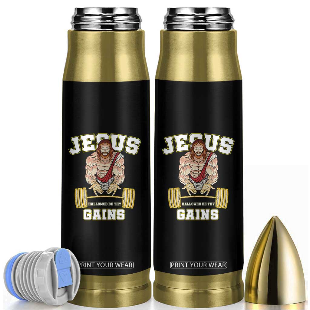 Funny Jesus Gym Bullet Tumbler Hallowed Be Thy Gains TS14 Black Print Your Wear