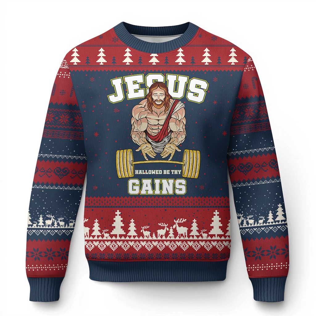 Funny Jesus Gym Ugly Christmas Sweater Hallowed Be Thy Gains TS14 Navy Red Print Your Wear