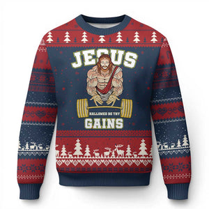 Funny Jesus Gym Ugly Christmas Sweater Hallowed Be Thy Gains TS14 Navy Red Print Your Wear