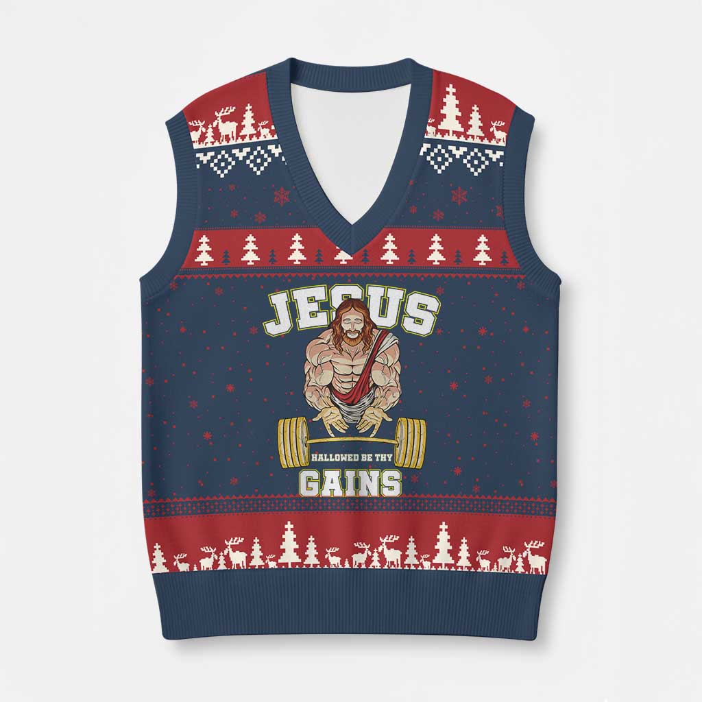 Funny Jesus Gym V-Neck Knit Sweater Vest Hallowed Be Thy Gains TS14 Navy Red Print Your Wear