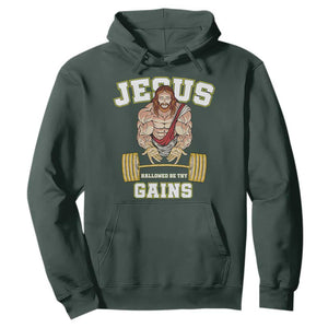 Funny Jesus Gym Hoodie Hallowed Be Thy Gains TS14 Dark Forest Green Print Your Wear