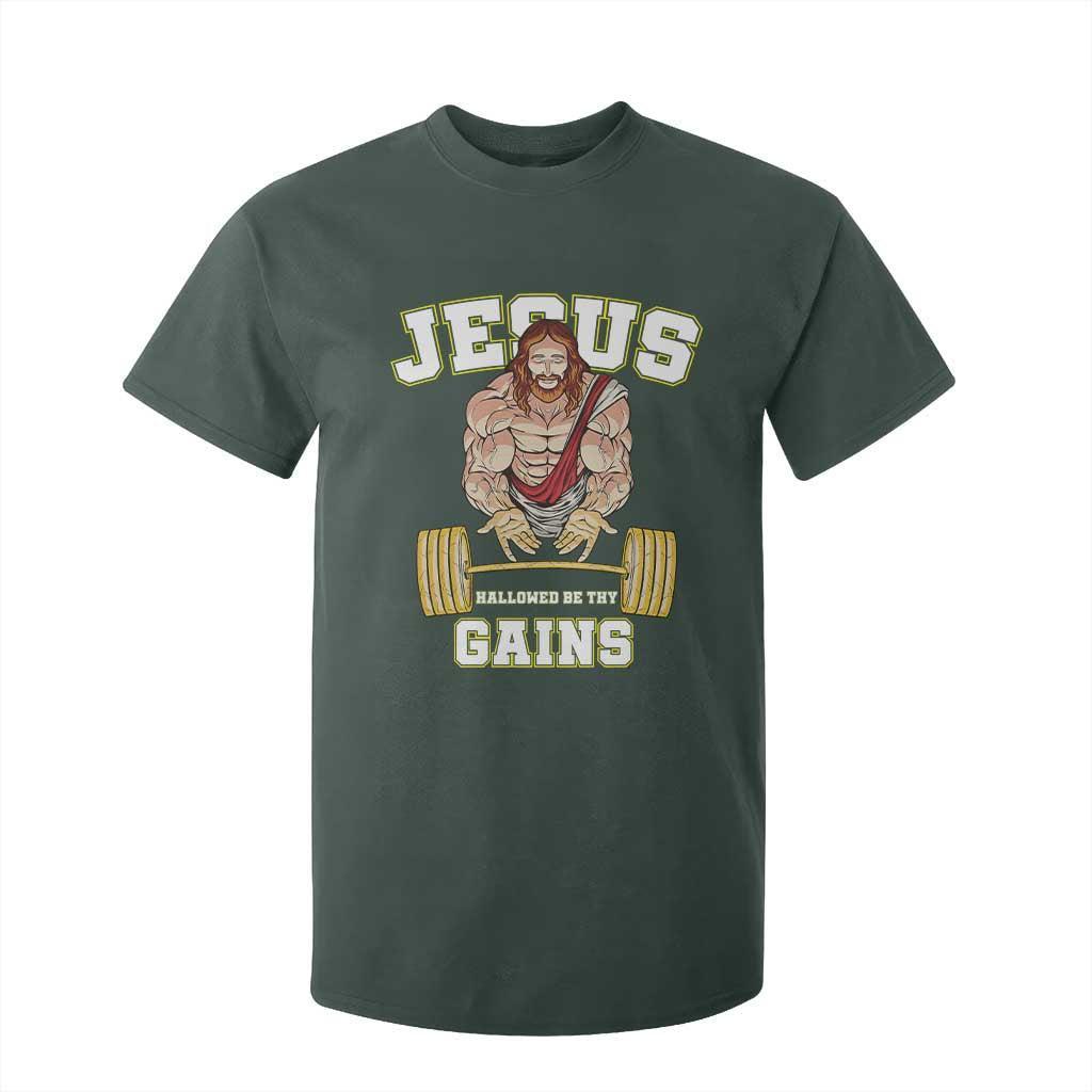 Funny Jesus Gym T Shirt For Kid Hallowed Be Thy Gains TS14 Dark Forest Green Print Your Wear
