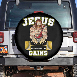 Funny Jesus Gym Spare Tire Cover Hallowed Be Thy Gains TS14 No hole Black Print Your Wear