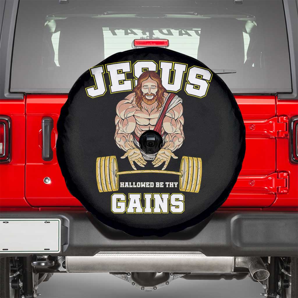 Funny Jesus Gym Spare Tire Cover Hallowed Be Thy Gains TS14 Black Print Your Wear