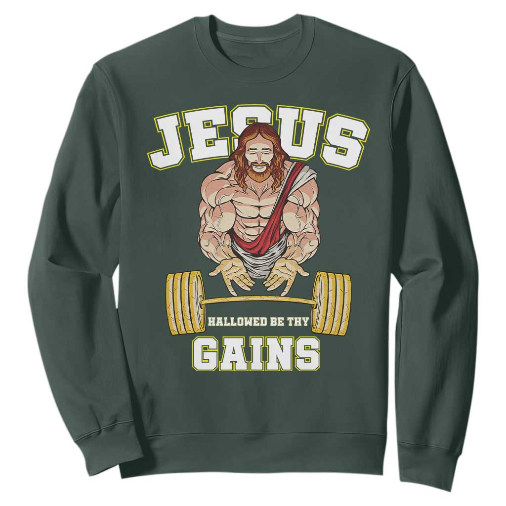 Funny Jesus Gym Sweatshirt Hallowed Be Thy Gains TS14 Dark Forest Green Print Your Wear