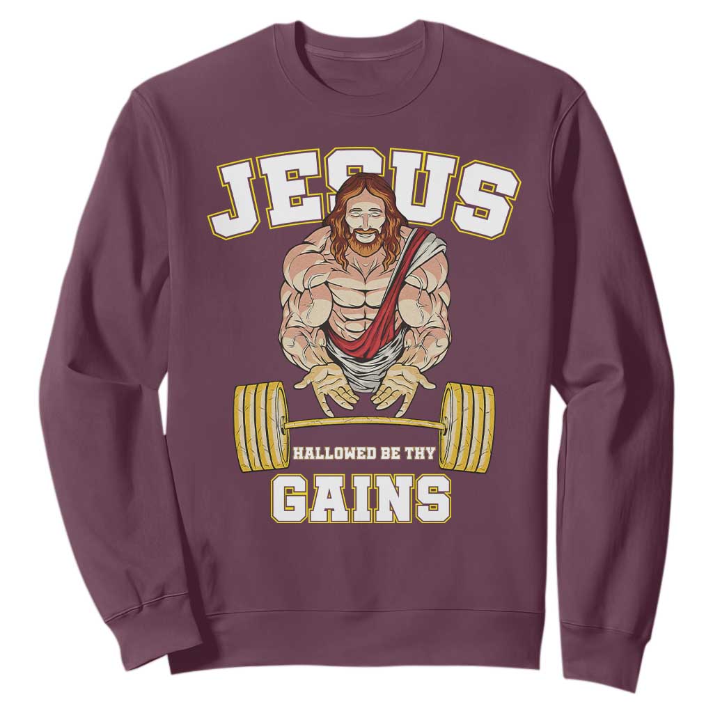 Funny Jesus Gym Sweatshirt Hallowed Be Thy Gains TS14 Maroon Print Your Wear