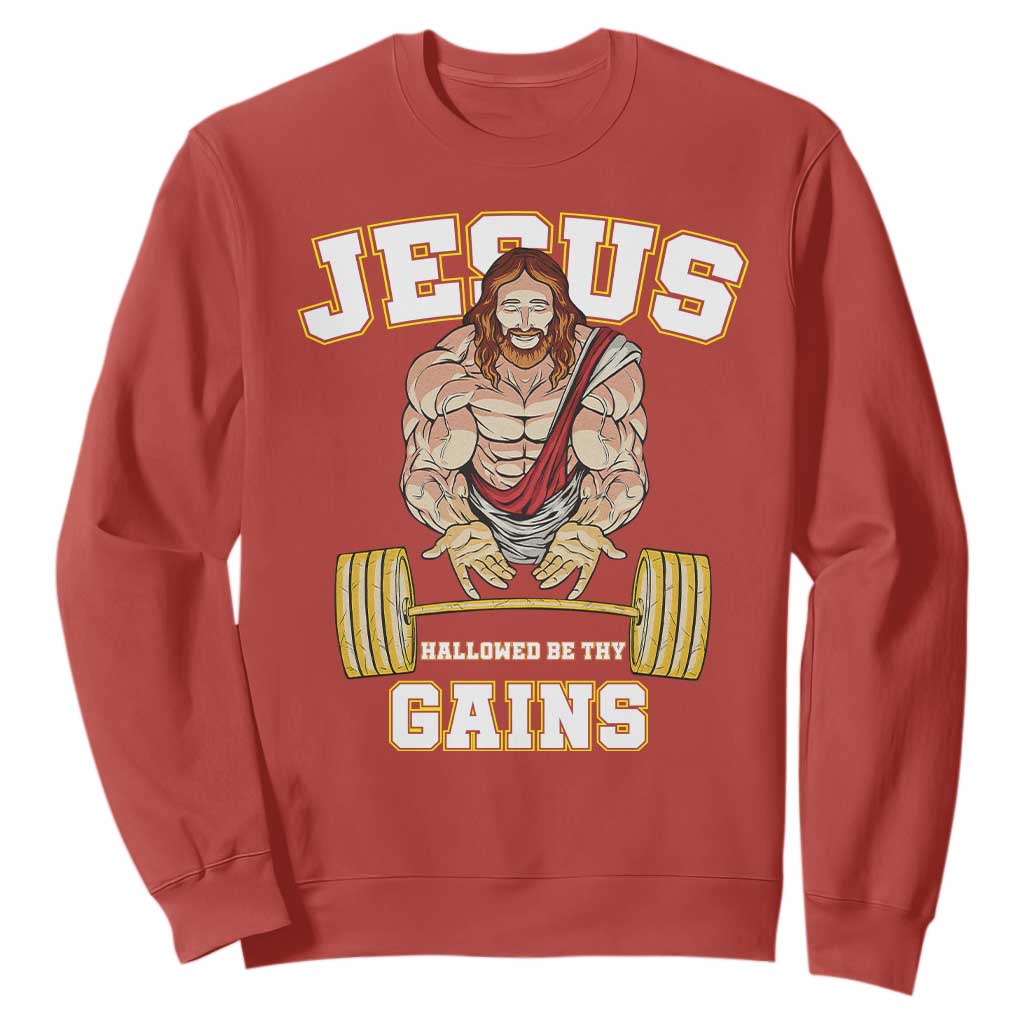 Funny Jesus Gym Sweatshirt Hallowed Be Thy Gains TS14 Red Print Your Wear