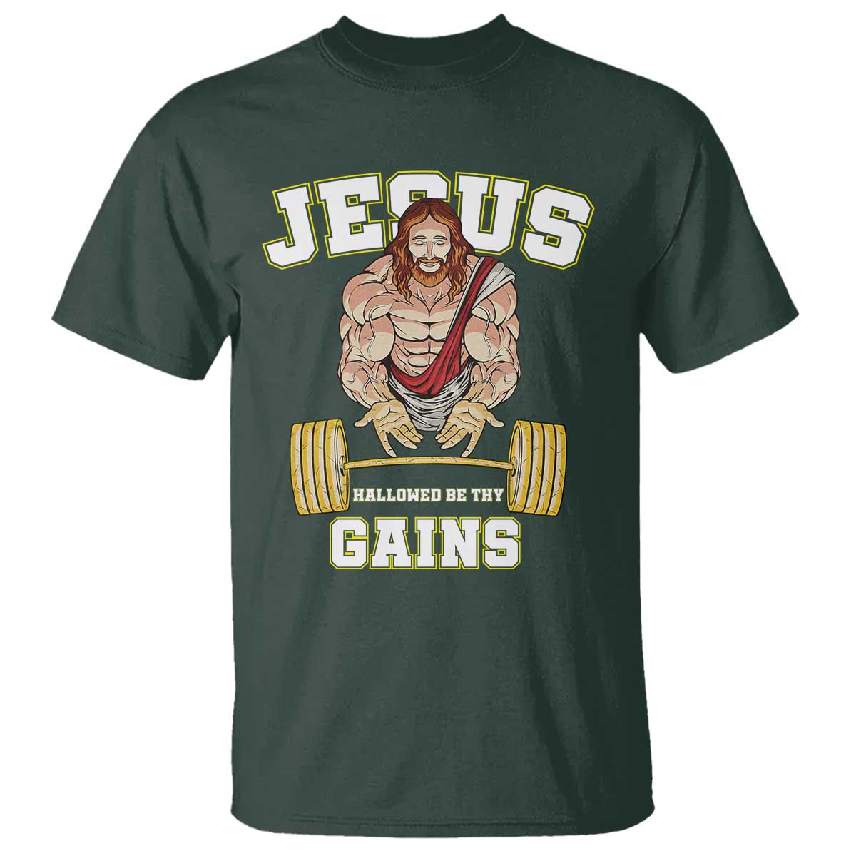 Funny Jesus Gym T Shirt Hallowed Be Thy Gains TS14 Dark Forest Green Print Your Wear