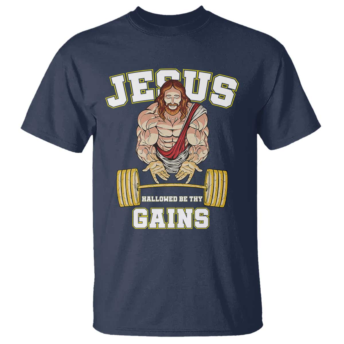 Funny Jesus Gym T Shirt Hallowed Be Thy Gains TS14 Navy Print Your Wear