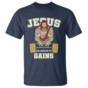 Funny Jesus Gym T Shirt Hallowed Be Thy Gains TS14 Navy Print Your Wear