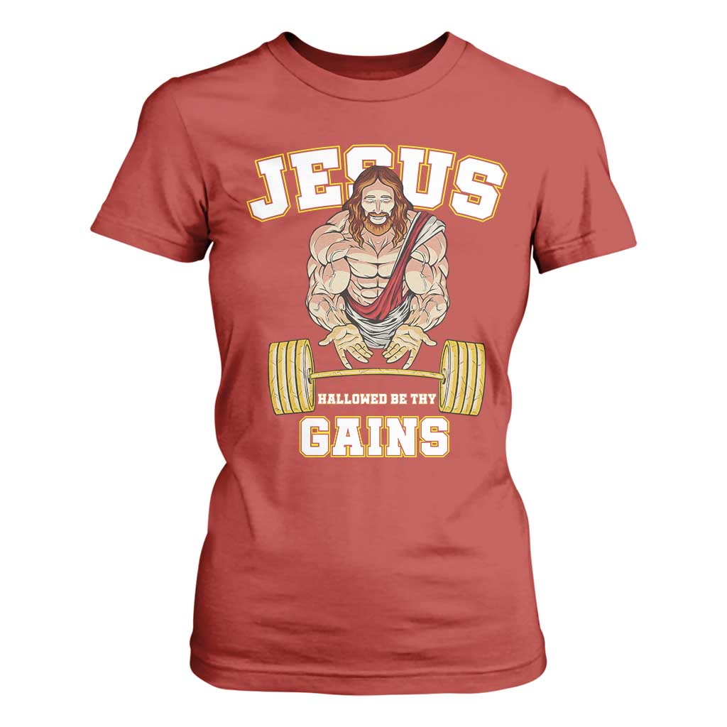 Funny Jesus Gym T Shirt For Women Hallowed Be Thy Gains TS14 Red Print Your Wear
