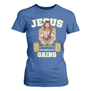 Funny Jesus Gym T Shirt For Women Hallowed Be Thy Gains TS14 Royal Blue Print Your Wear