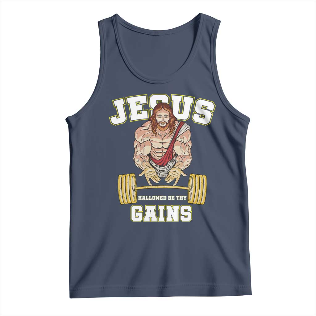 Funny Jesus Gym Tank Top Hallowed Be Thy Gains TS14 Navy Print Your Wear