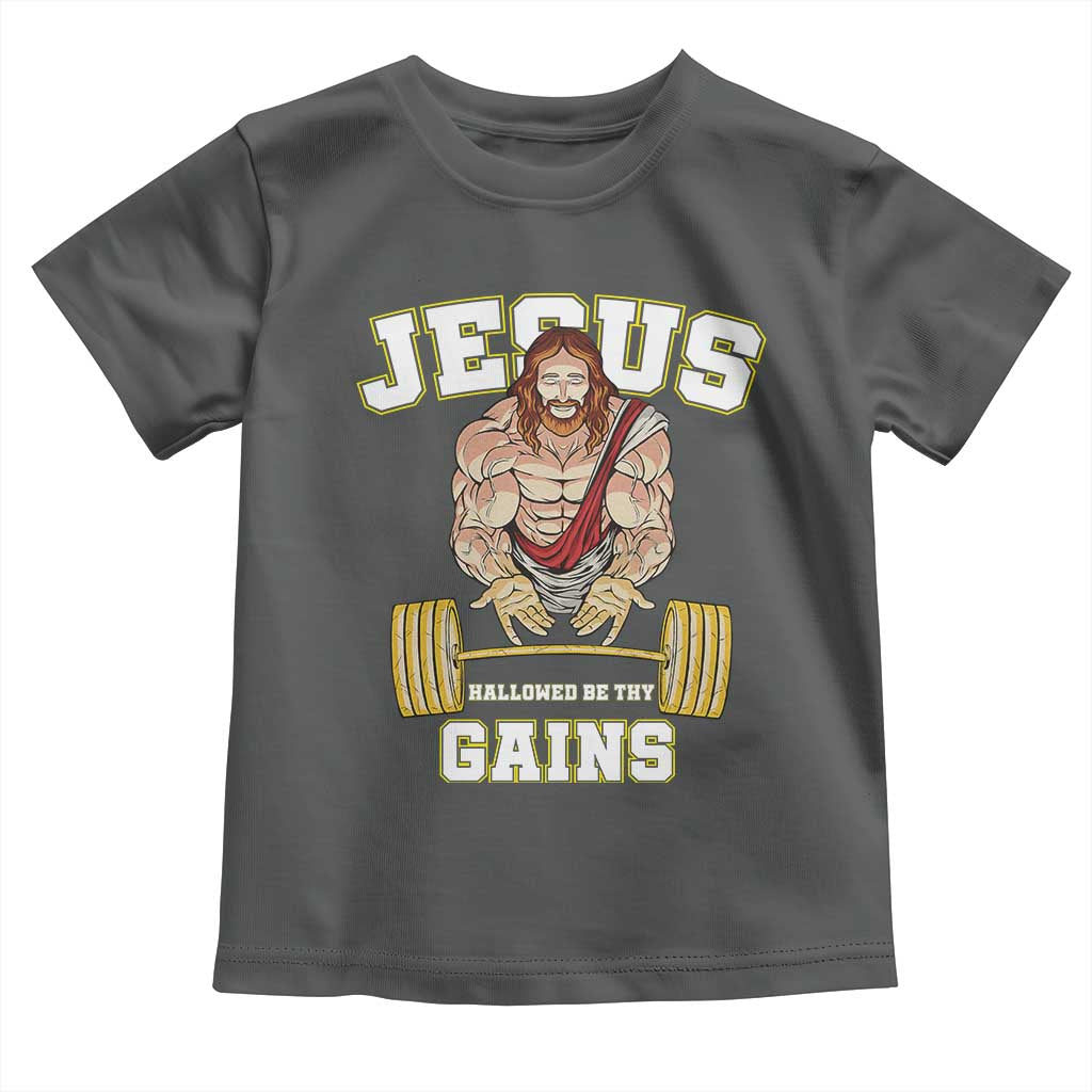 Funny Jesus Gym Toddler T Shirt Hallowed Be Thy Gains TS14 Dark Heather Print Your Wear