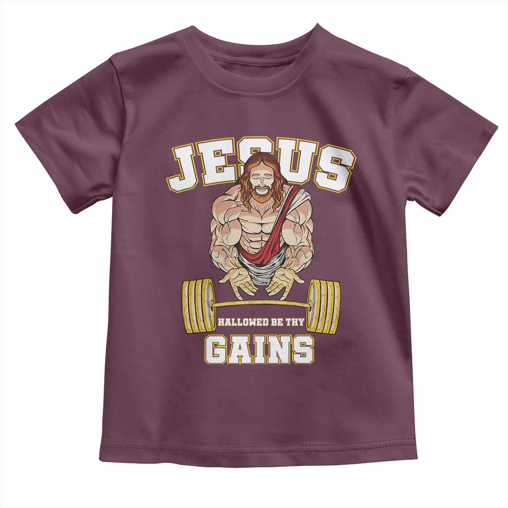 Funny Jesus Gym Toddler T Shirt Hallowed Be Thy Gains TS14 Maroon Print Your Wear