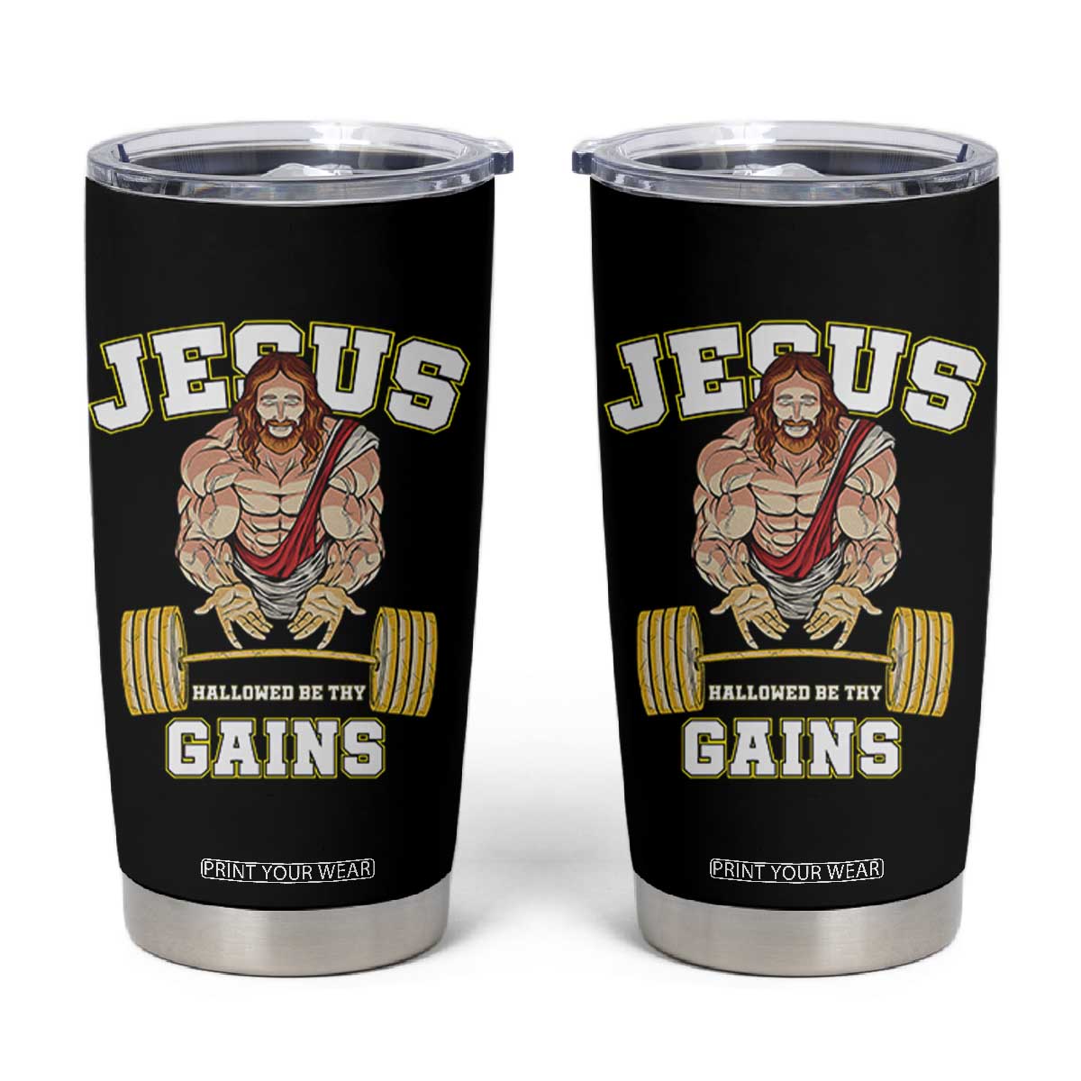 Funny Jesus Gym Tumbler Cup Hallowed Be Thy Gains TS14 Black Print Your Wear