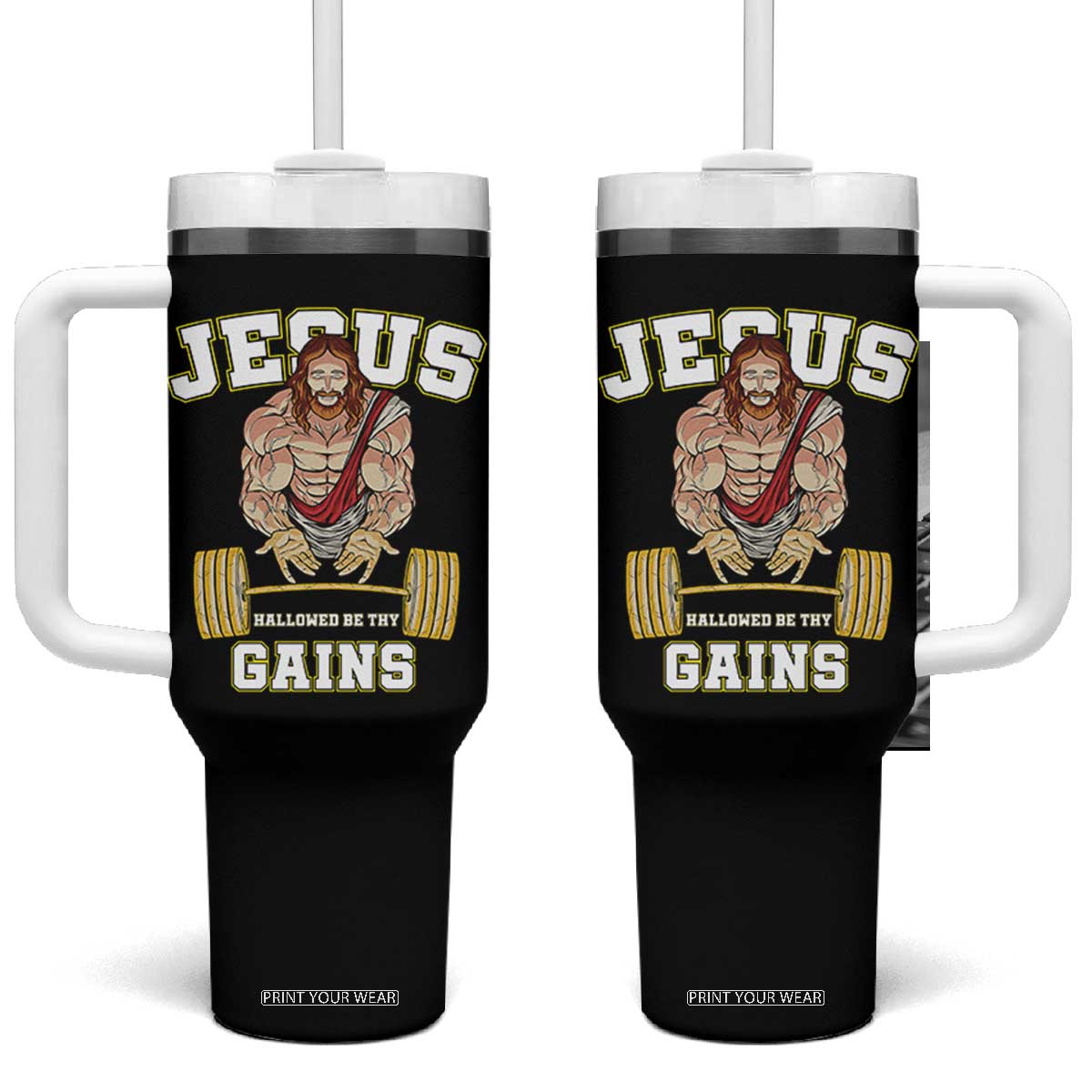 Funny Jesus Gym Tumbler With Handle Hallowed Be Thy Gains TS14 One Size: 40 oz Black Print Your Wear