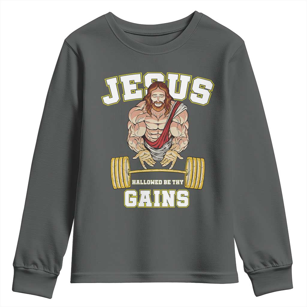 Funny Jesus Gym Youth Sweatshirt Hallowed Be Thy Gains TS14 Dark Heather Print Your Wear