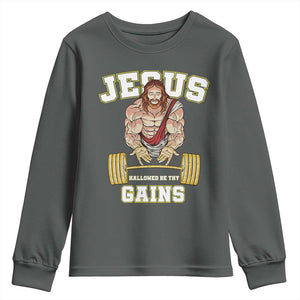 Funny Jesus Gym Youth Sweatshirt Hallowed Be Thy Gains TS14 Dark Heather Print Your Wear