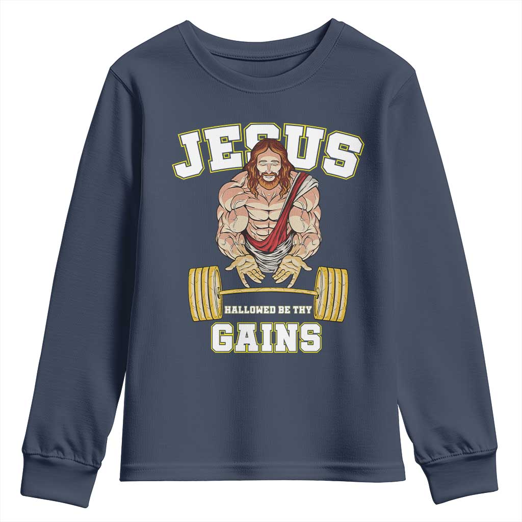 Funny Jesus Gym Youth Sweatshirt Hallowed Be Thy Gains TS14 Navy Print Your Wear