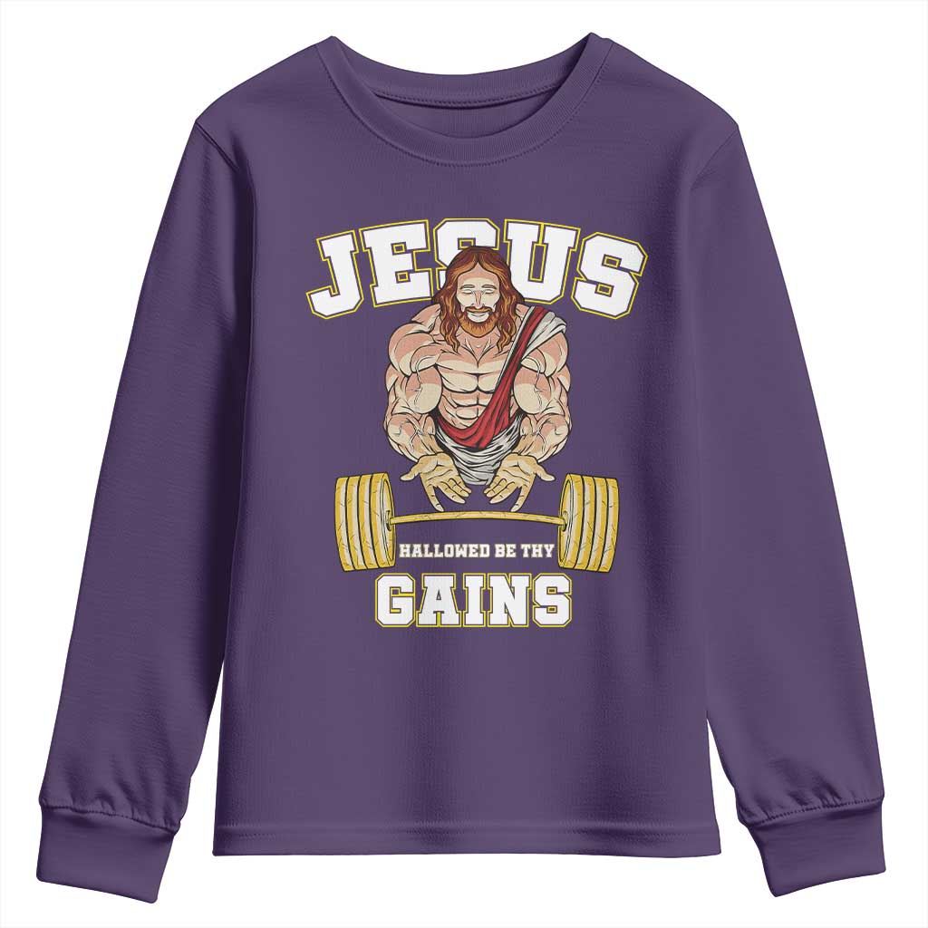 Funny Jesus Gym Youth Sweatshirt Hallowed Be Thy Gains TS14 Purple Print Your Wear