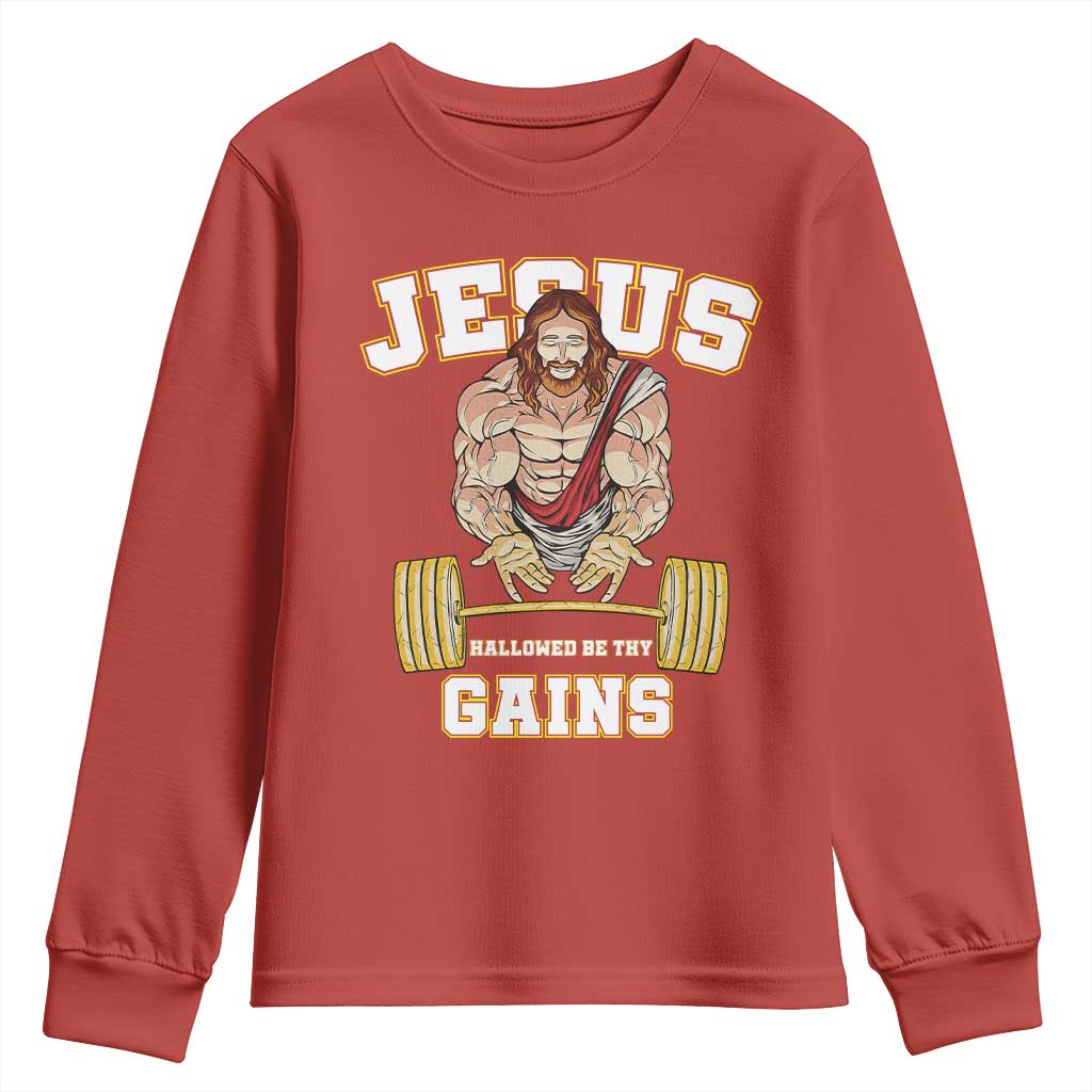 Funny Jesus Gym Youth Sweatshirt Hallowed Be Thy Gains TS14 Red Print Your Wear