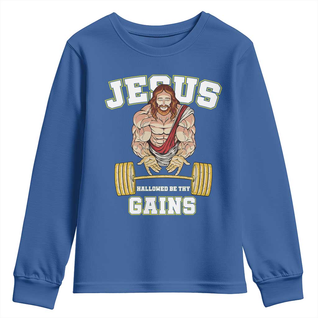 Funny Jesus Gym Youth Sweatshirt Hallowed Be Thy Gains TS14 Royal Blue Print Your Wear