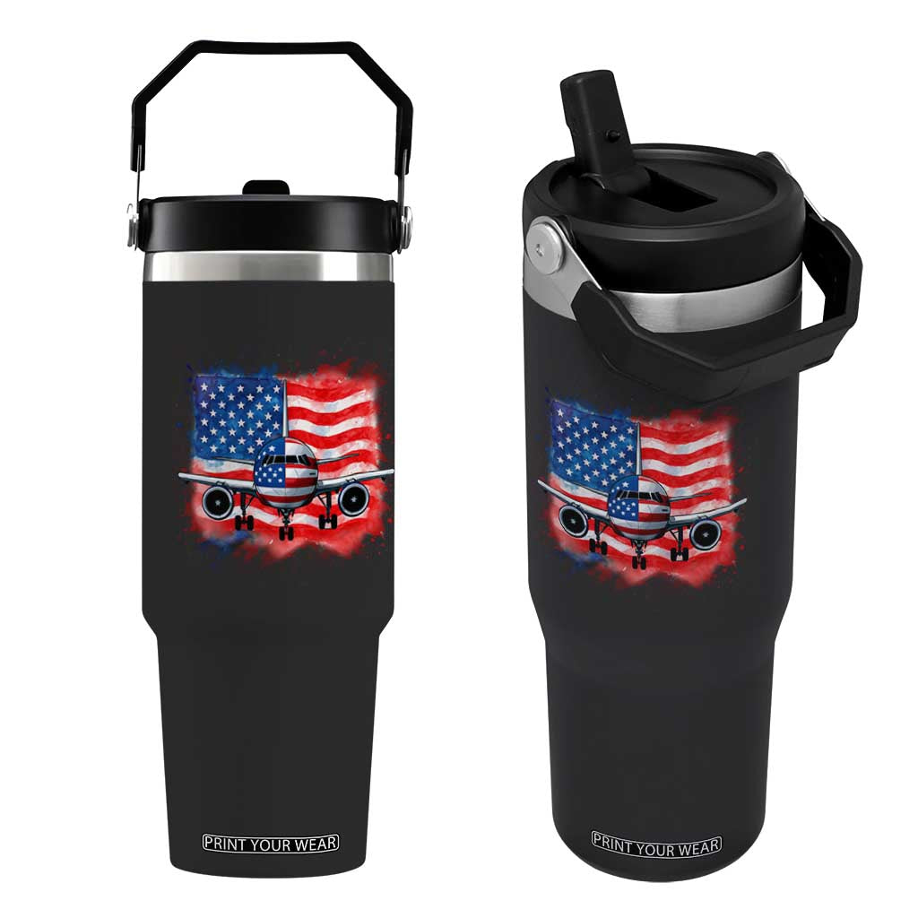 Pilot Airplane Patriotic American Flag Plane Aviation Flip Straw Tumbler TS14 One Size: 30 oz Black Print Your Wear