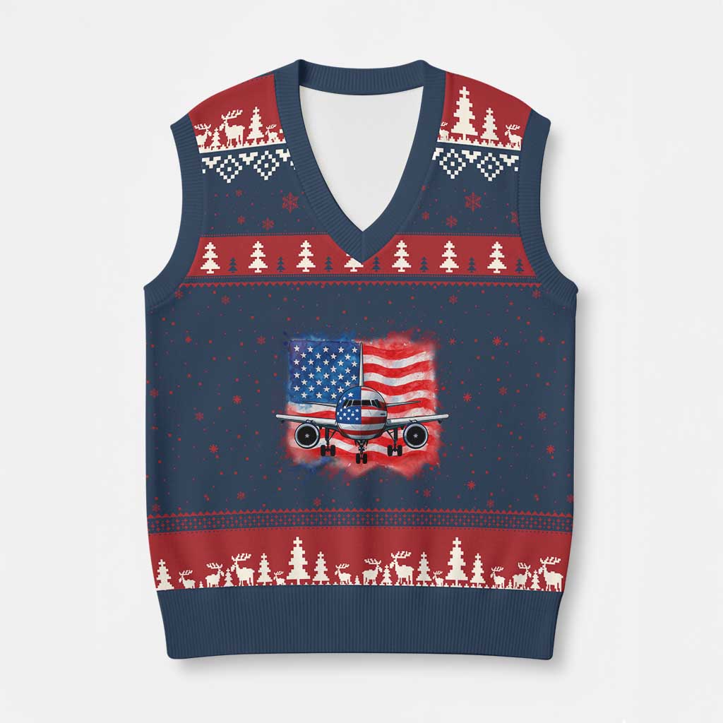 Pilot Airplane Patriotic American Flag Plane Aviation V-Neck Knit Sweater Vest TS14 Navy Red Print Your Wear