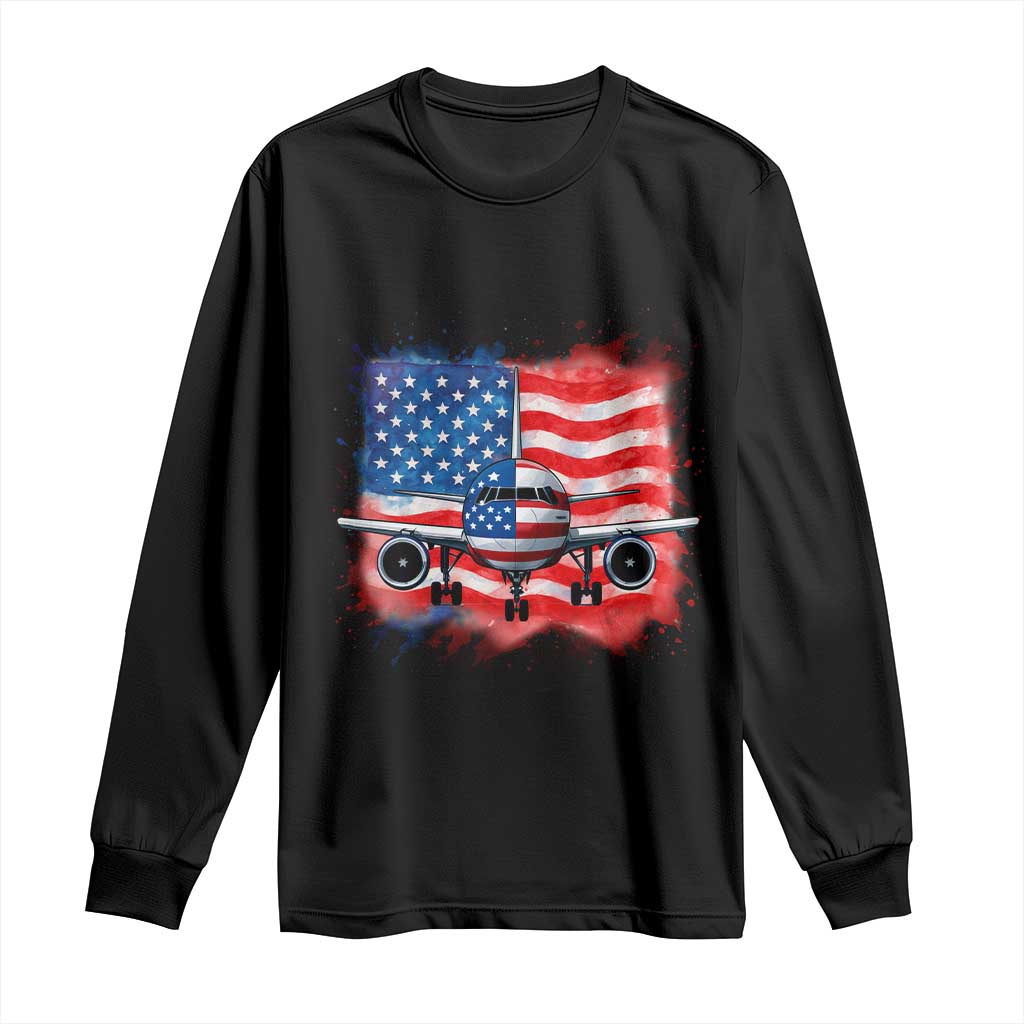 Pilot Airplane Patriotic American Flag Plane Aviation Long Sleeve Shirt TS14 Black Print Your Wear