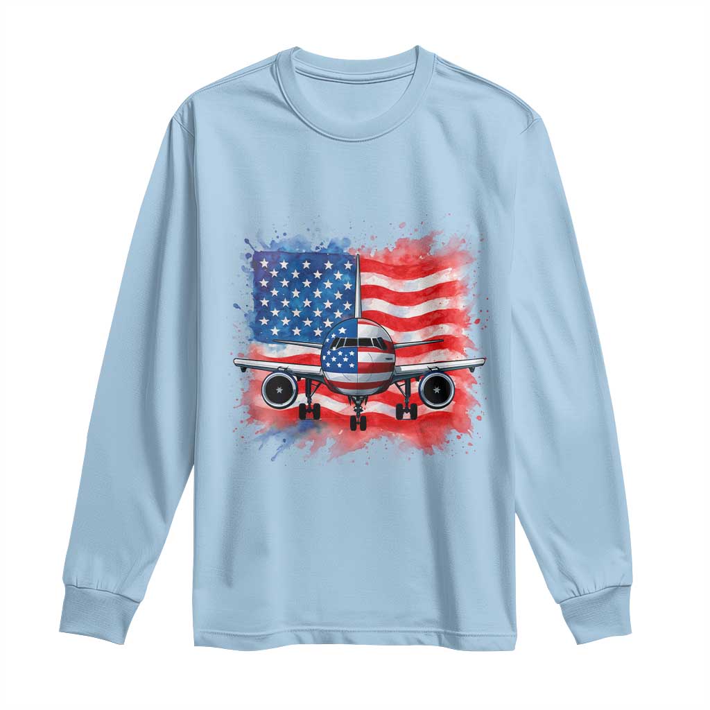 Pilot Airplane Patriotic American Flag Plane Aviation Long Sleeve Shirt TS14 Light Blue Print Your Wear