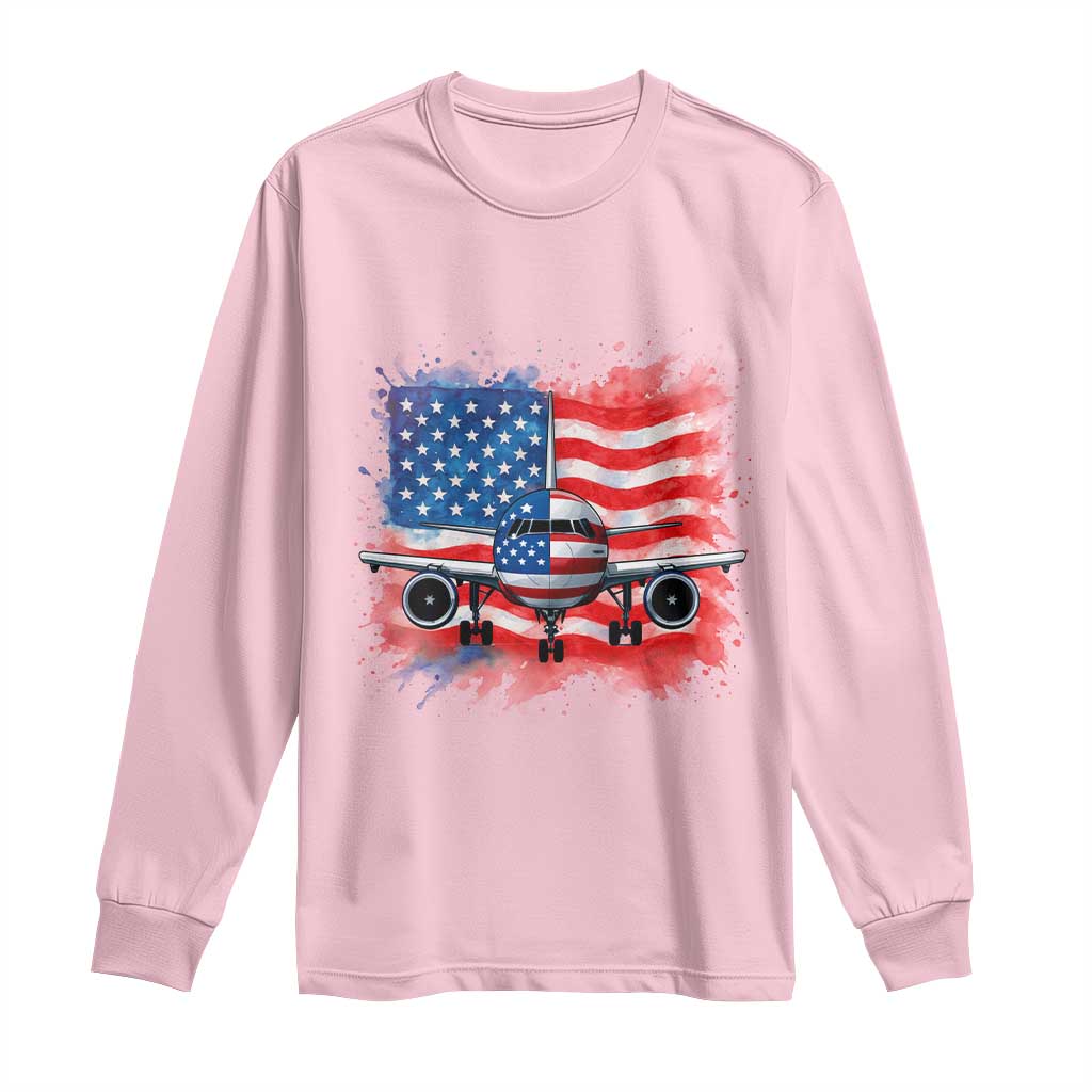Pilot Airplane Patriotic American Flag Plane Aviation Long Sleeve Shirt TS14 Light Pink Print Your Wear
